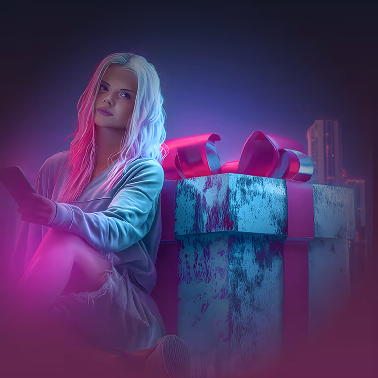 Μια σκηνή με νέον φωτισμό όπου μια νεαρή γυναίκα βρίσκεται δίπλα σε ένα μεγάλο φωτεινό κουτί δώρου, που συμβολίζει τα μπόνους και τις ανταμοιβές του LikesBet Casino.