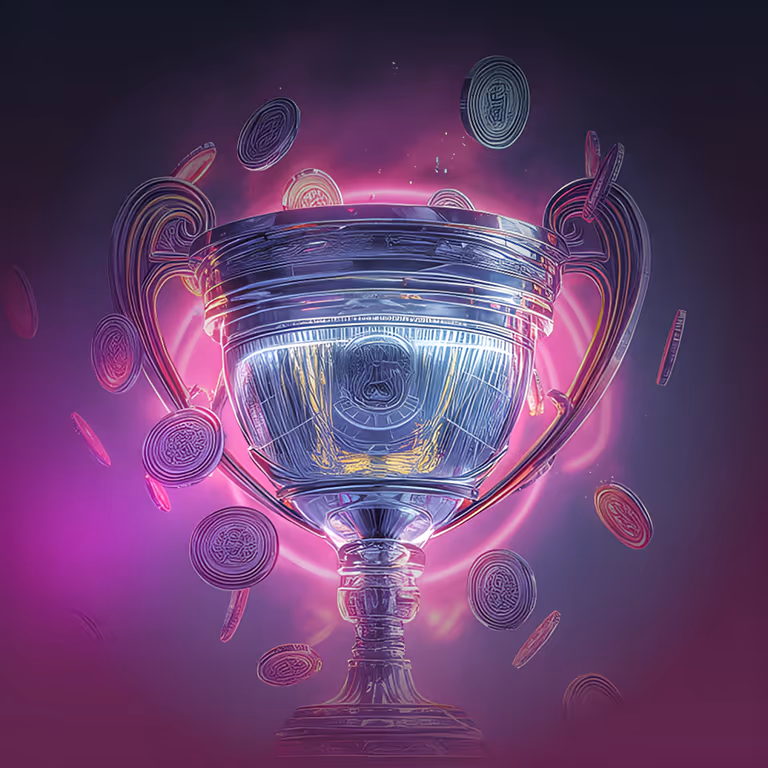 Ένα λαμπερό κρυστάλλινο τρόπαιο, περιτριγυρισμένο από πέφτοντα νομίσματα, που συμβολίζει τουρνουά, επιτεύγματα και μεγάλα έπαθλα στο LikesBet.