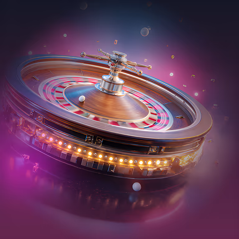 Μια περιστρεφόμενη ρουλέτα περιτριγυρισμένη από σωματίδια νέον, που συμβολίζει τον ενθουσιασμό των live casino παιχνιδιών στο LikesBet.