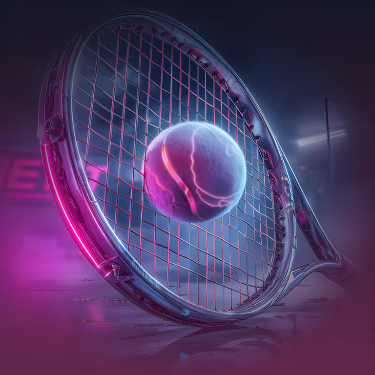 Μια φουτουριστική ρακέτα τένις με μια φωτεινή μπάλα στον αέρα, που απεικονίζει τις δυναμικές επιλογές αθλητικού στοιχήματος στο LikesBet.